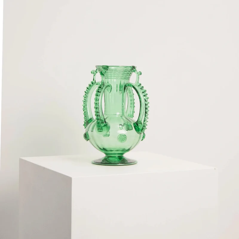 Vase en Verre Soufflé Vert à Quatre Anses
